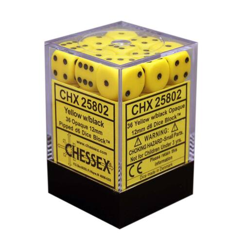 Chessex Opaque 12mm d6 with pips Dice Block (36 Dice) - Yellow w/black
